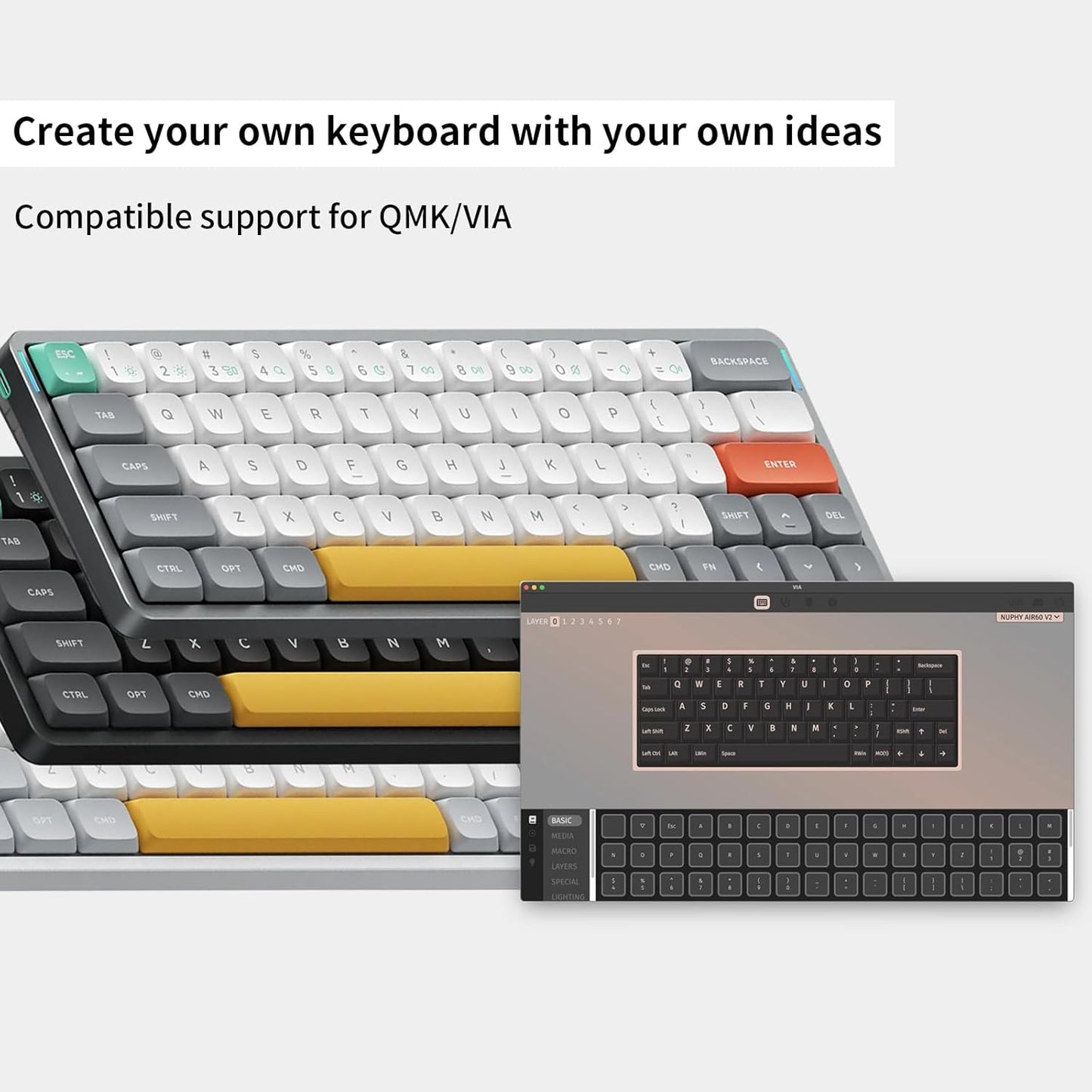 nuphy Air60 V2 Portable Wireless Keyboard 60% Low Profile Mechanical Keyboard Support QMK/VIA Compatible with Windows/mac OS/Linux Supports Bluetooth 5.1/2.4GHz/Wired (USB-C) Gateron Brown Switch