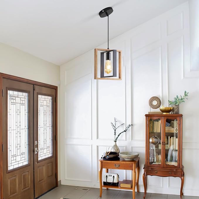 Farmhouse Pendant Light Fixture, Black Kitchen Island Pendant Lights, Industrial Metal and Vintage Wood Hanging Light, Adjustable Height Rustic Ceiling Lamp for Entryway, Dining Room, Foyer