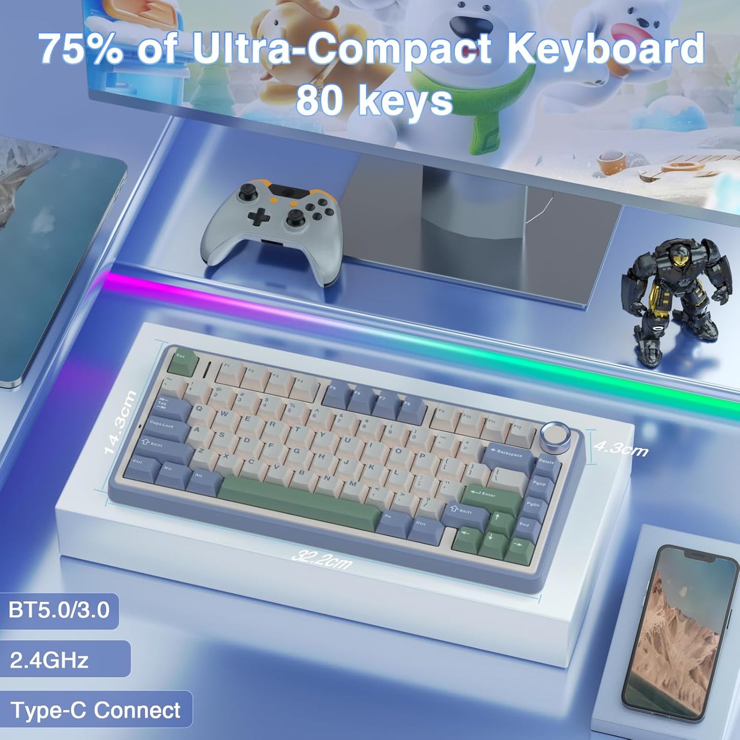 AULA F75 75% Wireless Mechanical Keyboard, Hot Swappable Creamy Keyboard, Pre-lubed Reaper Switches RGB Backlit Gaming Keyboards, 2.4GHz/Type-C/BT5.0(White & Green)