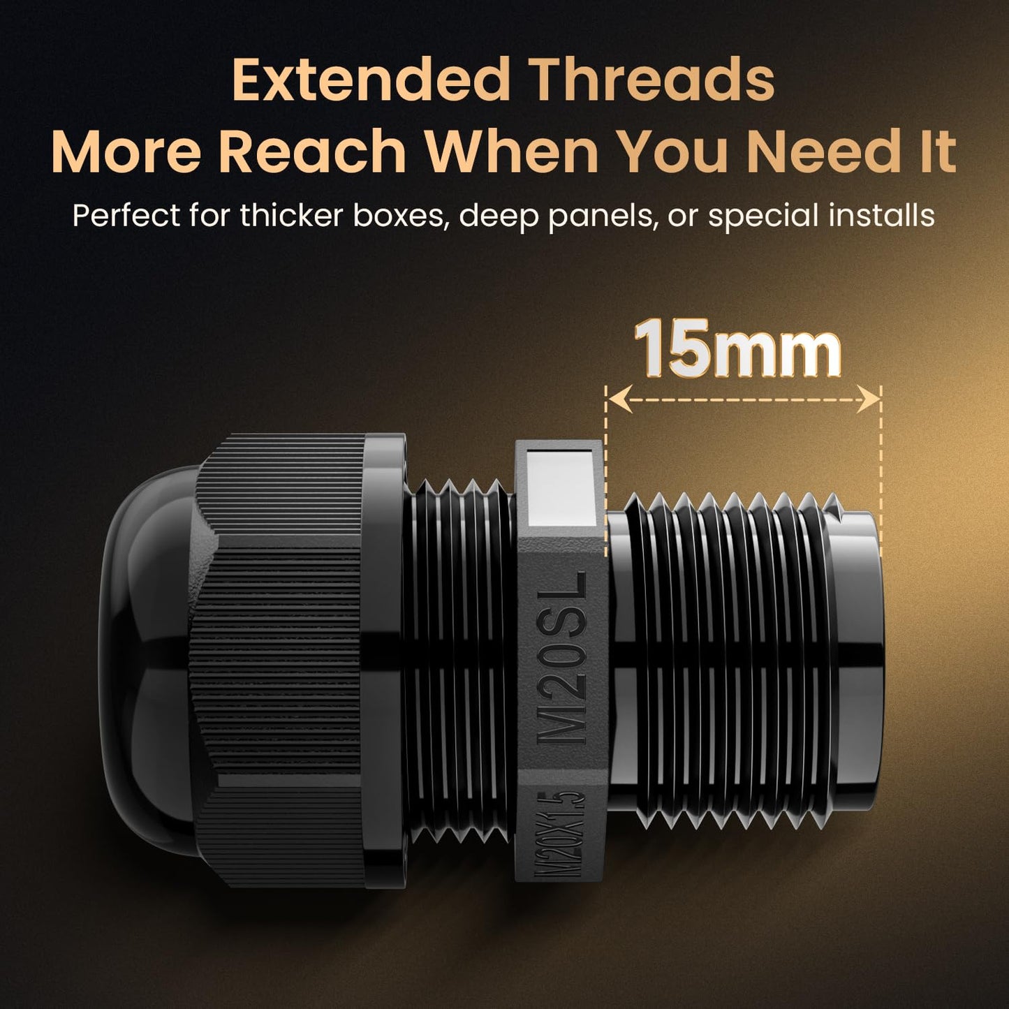 QILIPSU 10pcs M20SL Long Thread Cable Gland Waterproof IP68 Nylon Strain Relief Cord Grip Cable Pass Through Wire Connector