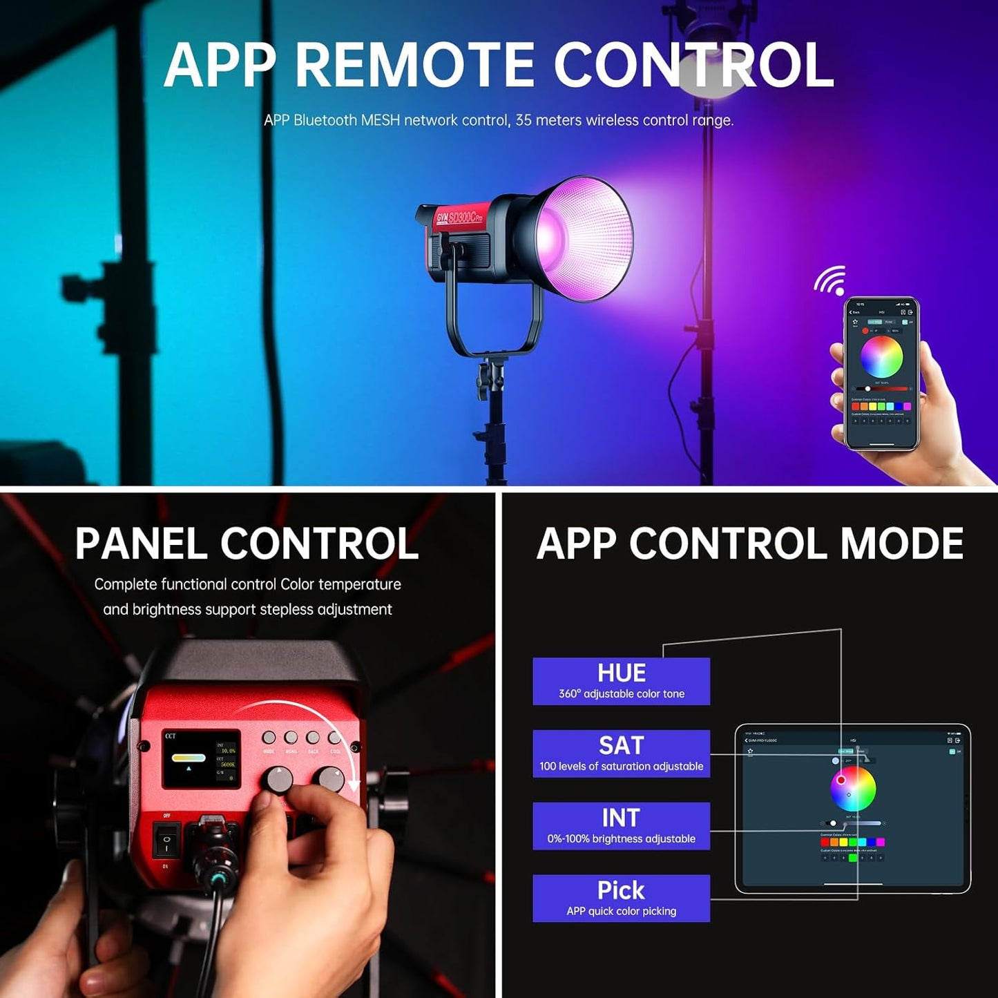 GVM 300C RGB Video Light, 300W Studio Light 2000K-10000K,48,200 Lux@ 1m with Reflector Photography Lighting with Bowens Mount & DMX Control, Studio Light for Film Recording,16 Lighting Effects