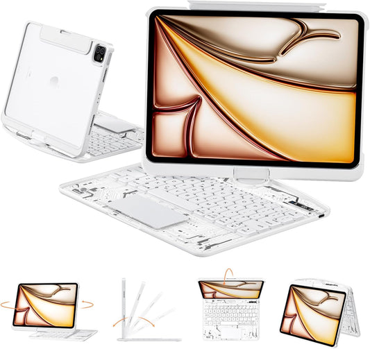 Transparent Case with Keyboard for 2024 iPad Pro 13 inch (M4), iPad Pro 13,7-Color Backlit,Magic Wireless Keyboard, 360°Rotating,Multi-Touch trackpad,Pencil Holder,with Shortcuts,White
