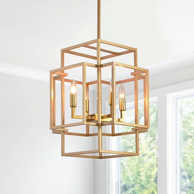 WJShome 4 Light Gold Chandelier, Industrial Ceiling Lantern Pendant Light Adjustable Height Farmhouse Foyer Lighting Fixtures, for Dining Room Kitchen Island, Entryway, Indoor