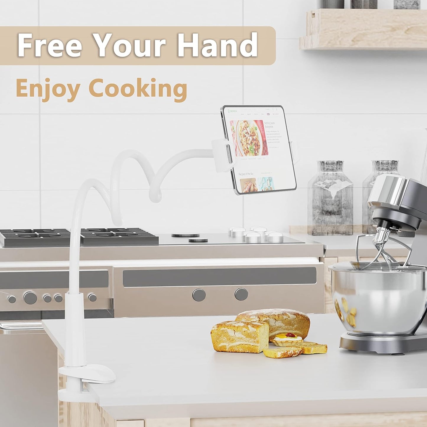 Tablet Stand Holder, Mount Holder Clip with Grip Flexible Long Arm Gooseneck Compatible with ipad iPhone/Nintendo Switch/Samsung Galaxy Tabs/Amazon Kindle Fire HD (New White)