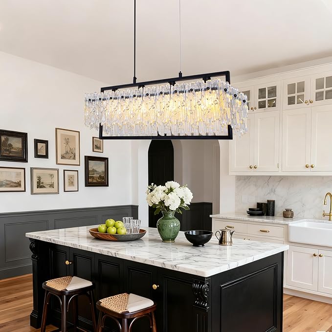 MantoLite Dining Room Light Fixture Modern Rectangle Golde Crystal 4-Light Chandeliers for Dining Room 25" Linear Farmhouse Lighting Fixture for Kitchen Island Light Living Room