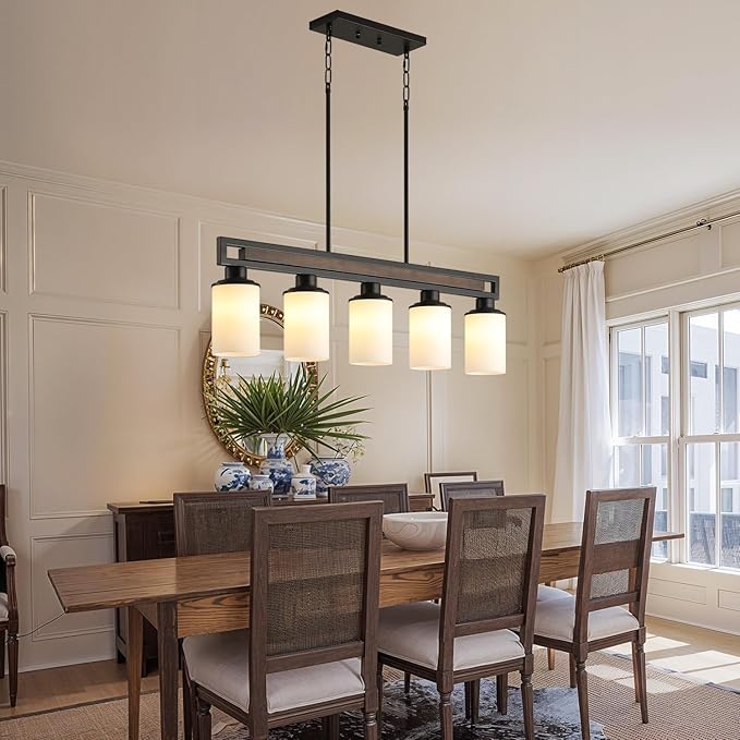 Farmhouse Dining Room Light Fixture, 5-Light Wood Kitchen Island Lighting for Dining Room Over Table, Black Adjustable Pendant Light with Milk Glass Shades, Linear Chandeliers Lighting for Kitchen