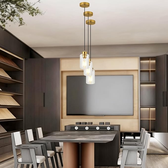 Pendant Lights Kitchen Island, Brushed Brass Pendant Light Fixtures with E26 Base & Adjustable Cable, Modern Pendant Lighting with Glass Shade for Living Room Bedroom Hallway, 2 Packs
