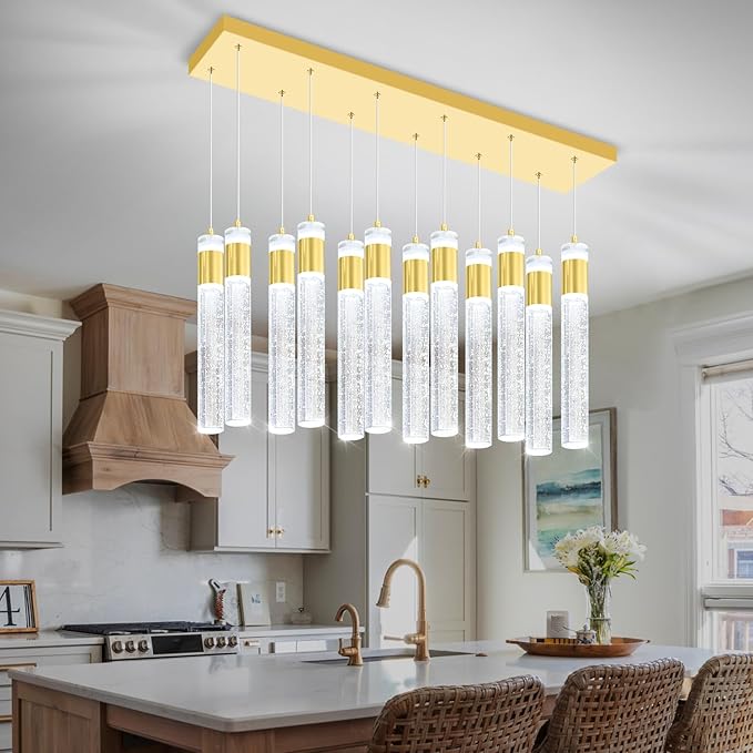 Glam Rectangular Crystal Column Chandelier for High Ceiling 12-Lights Gold LED Dimmable Pendant Light for Kitchen Island Dining Room Entrance Foyer Living Room Adjustable Height