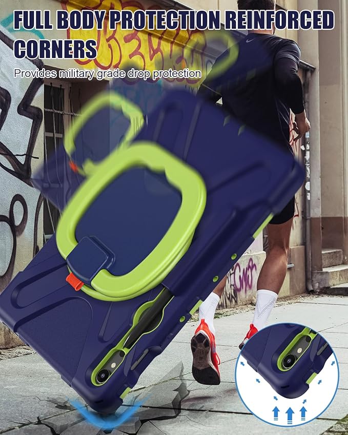 BRAECN Kids Case for Galaxy Tab S10 Lite/S10 FE 2025 & S9 FE/S9/S8/S7 10.9"/11" SM-X400/X520/X510/X710 | Heavy Duty Protective Silicone Cover with S Pen Holder, Kickstand & Shoulder Strap, Navy Green