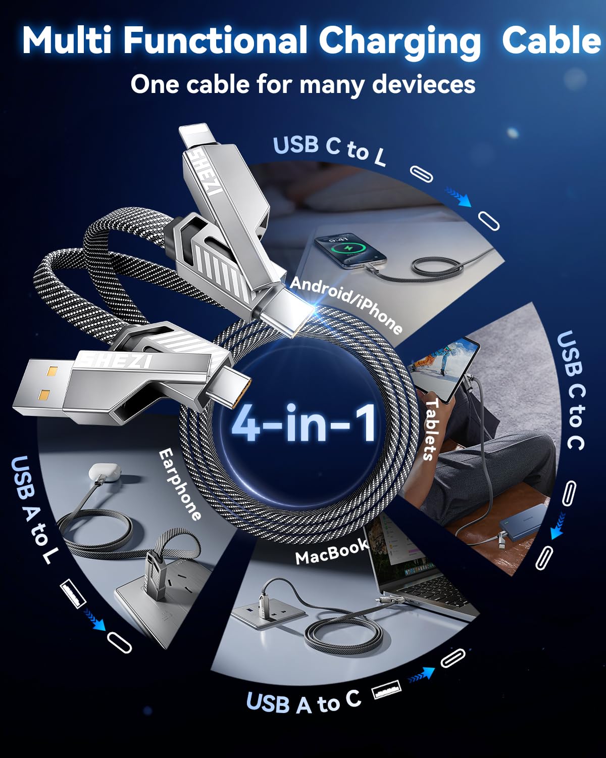 [One is Enough] 4-in-1 Compatible with USB C to Lightning Cable, 45W High-Speed Charging & Fast Data Transfer,CarPlay & Android Auto Support Multi Charger Cord Combo for iPhone/Samsung/iPad,3FT