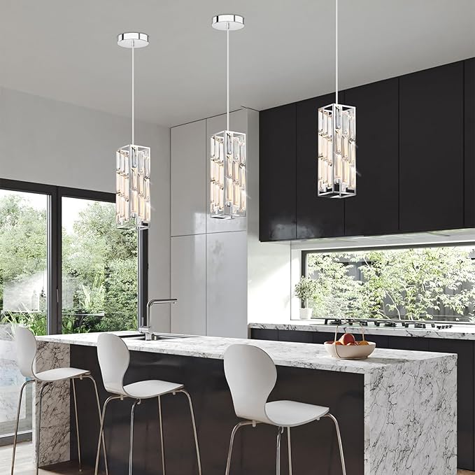 Chrome Pendant Lights Modern Pendant Light Fixture, Mini Crystal Pendant Ceiling Light, Pendant Light for Kitchen Island, Dinning Room, Bedroom, Kitchen Sink Lighting (2-Pack)