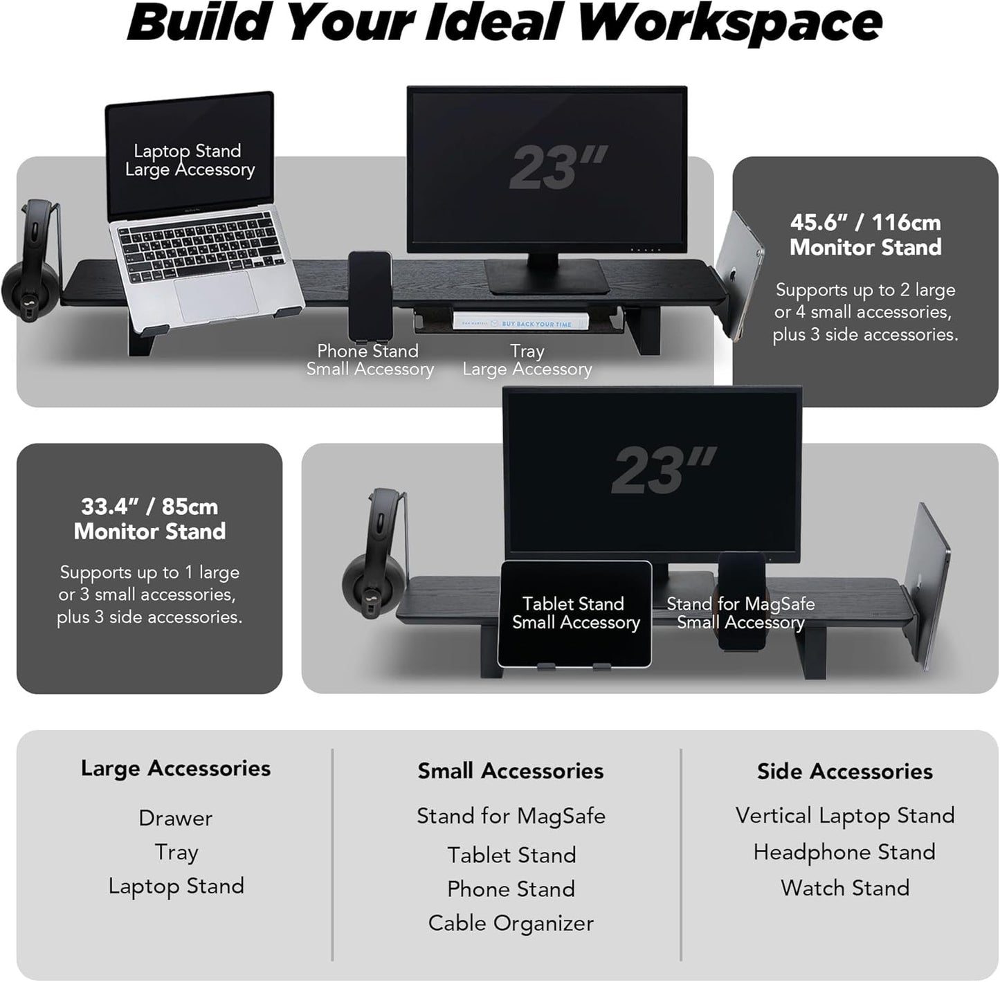 Moodular Wooden Monitor Stand 45.6” (116cm) Large Desk Organizer with Metal Slide Rails for Drawer, Tray, Laptop, Tablet, Phone & Headphones Customizable Riser for Organized Workspace Black