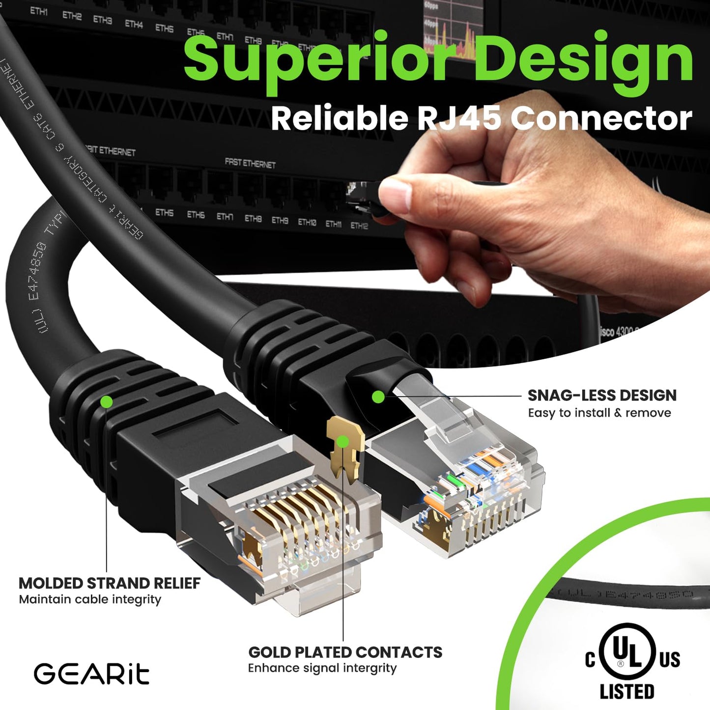 GEARit Cat 6 Ethernet Cable Pack - 50-Pack 3 ft Cat6 Ethernet Patch Cables | RJ45 Network Patch Cable, 10 Gbps Snagless Gold-Plated Connectors - Ethernet Cable Cat 6 for PC, TV, Router - Black
