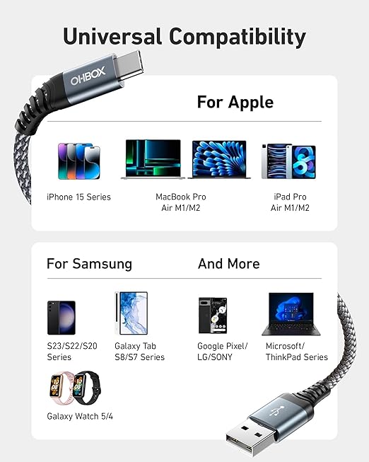 USB to USB C Cable 60W Fast Charging [2 Pack 6FT], USB A to USB C Cable for CarPlay, Durable Braided USB Type C iPhone Charger USBC Cord for iPhone 17/16/15/Pro Max/Plus, Samsung Galaxy S23 and More