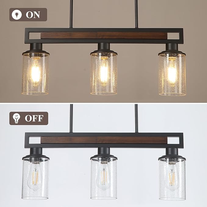 Farmhouse Dining Room Light Fixture, 3-Light Wood Kitchen Island Lighting for Dining Room Over Table, Black Adjustable Pendant Light with Seeded Glass Shades, Linear Chandeliers Lighting for Kitchen
