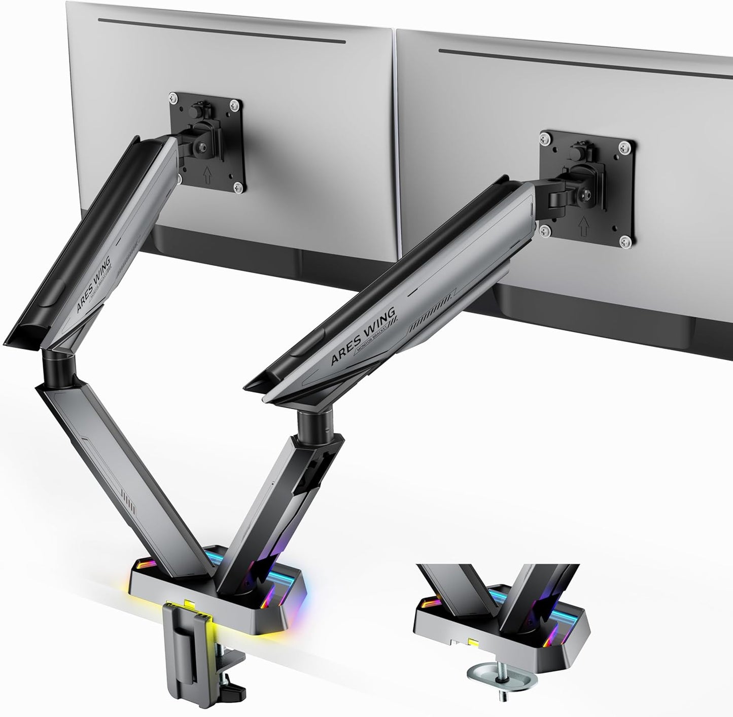 ARES WING RGB Dual Monitor Arm for 17-38" Ultrawide Screens, Holds 35.2lbs, Heavy Duty Dual Monitor Stand for Desk, Adjustable Double Mount with Clamp & Grommet Base, 75/100 VESA Mount, Gray