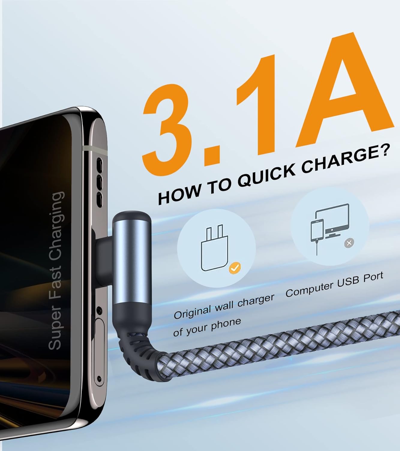 sweguard USB C Cable Right Angle [3Pack, 10FT+6.6FT+6.6FT], USB Type C iPhone 16 Charger Cable Nylon Braided Cord for iPhone 15 16 Pro Max Plus, Samsung Galaxy S25 S24 S23 S22 S21 S10 Note 20 10, Moto