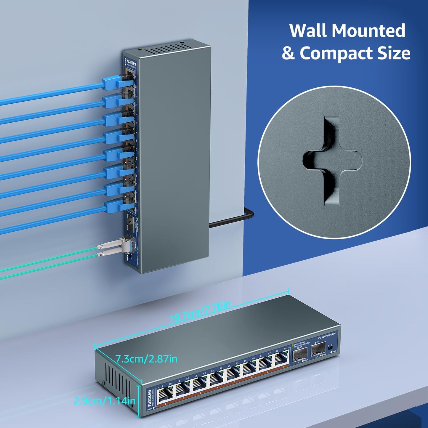 10 Port 2.5G Unmanaged Ethernet Switch, 8 x 2.5G Base-T Ports, 2 x 10G SFP, Compatible with 100/1000/2500Mbps, VLAN, Fanless, Desktop/Wall Mount YuanLey 2.5Gbe Network Switch for Wireless AP, NAS, PC