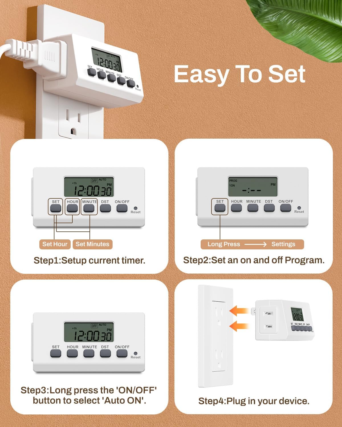 BN-LINK Digital Timer Outlet Indoor,24 Hour Light Timer Easy Programmable,Mini 2 Prong Plug in Timers for Electrical Outlets,Lamps,Fans,2 On/Off Programs,2 Pack,15A/1875W