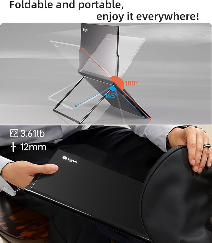 Ingnok Dual Portable Monitor,15.6inch FHD 1080P Screen with USB-C mini HDMI, Foldable Screen Design,Portable Dual Monitor Compatible with Windows/Mac, Easy Setup for Work