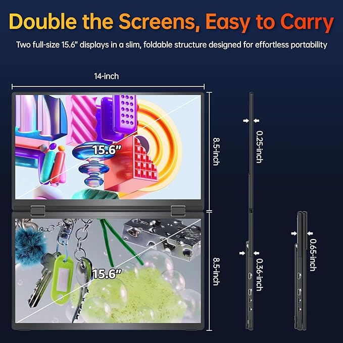 VisionOwl Portable Monitor Dual 15.6 Inch 1080P FHD 107% sRGB Foldable Second Screen, USB-C HDMI HDR Stacked Travel Monitor for Laptop MacBook PC PS5 Xbox, VESA Mountable, with Adjustable Kickstand