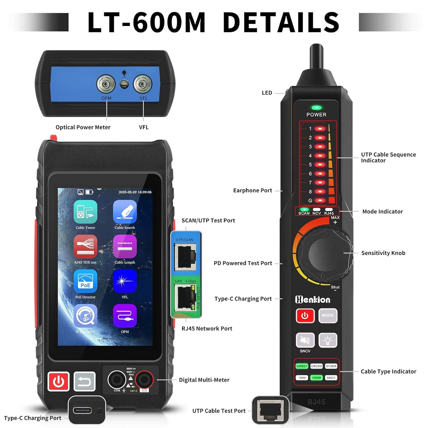 Multifunction RJ45 Network Caber Tester, UTP Cable Tester Ethernet Cable Tracer, 4" IPS Touch Screen Support Network Tools, Digital Multi-Meter, VFL,OPM, POE++ Detect,RJ45 TDR, Cable Length,NCV