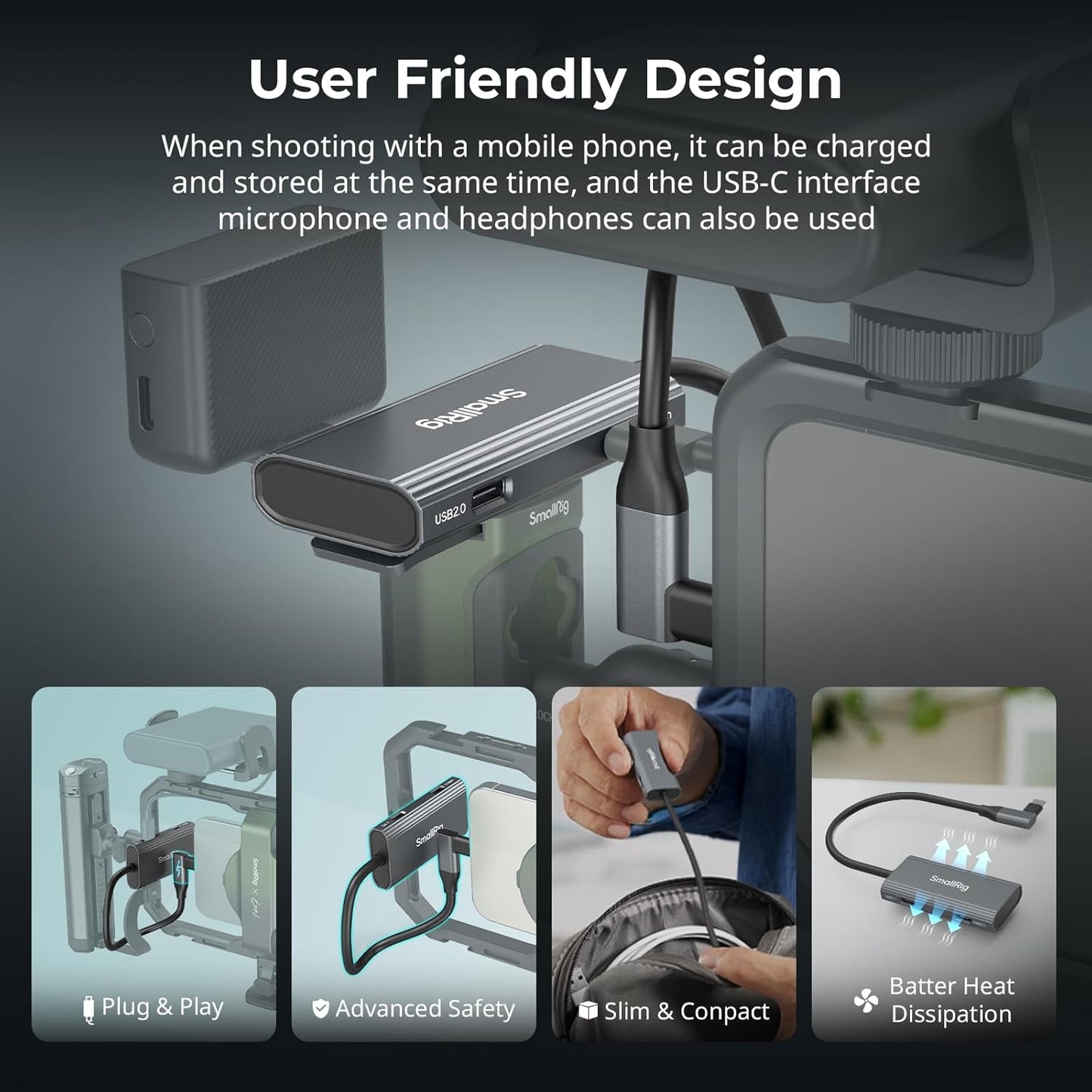 SmallRig 4-in-1 USB-C Hub with a Cold Shoe Mount for Phone/Camera Cage, PD 100W / USB-C 3.1/2.0 with Audio Adapter x 2, for Professional Mobile Shooting - 4598