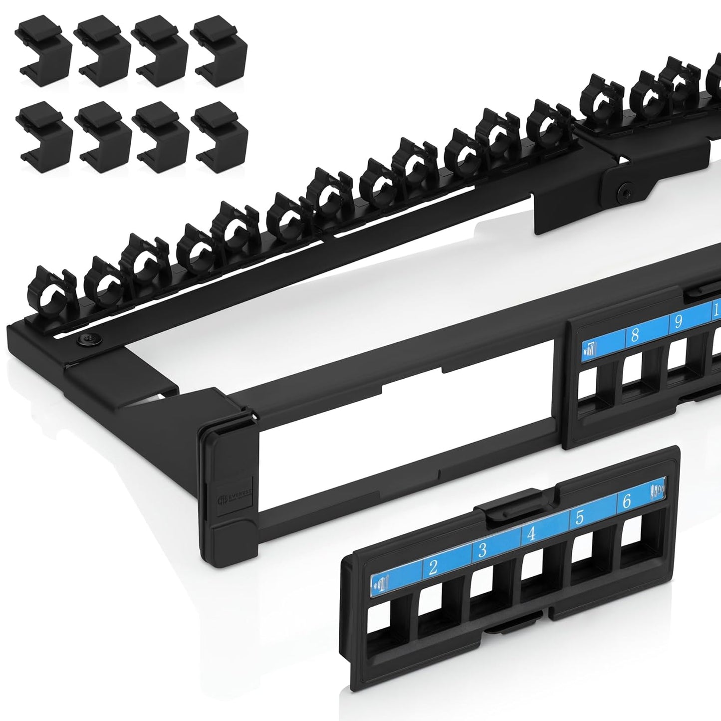 Everest 24 Port Keystone Patch Panel (4-Pack) - Removable 6-Port Panels - Use with Slim Profile Keystones ONLY (Wider Jacks May not fit Side by Side) - with Adjustable Rear Cable Management Bar