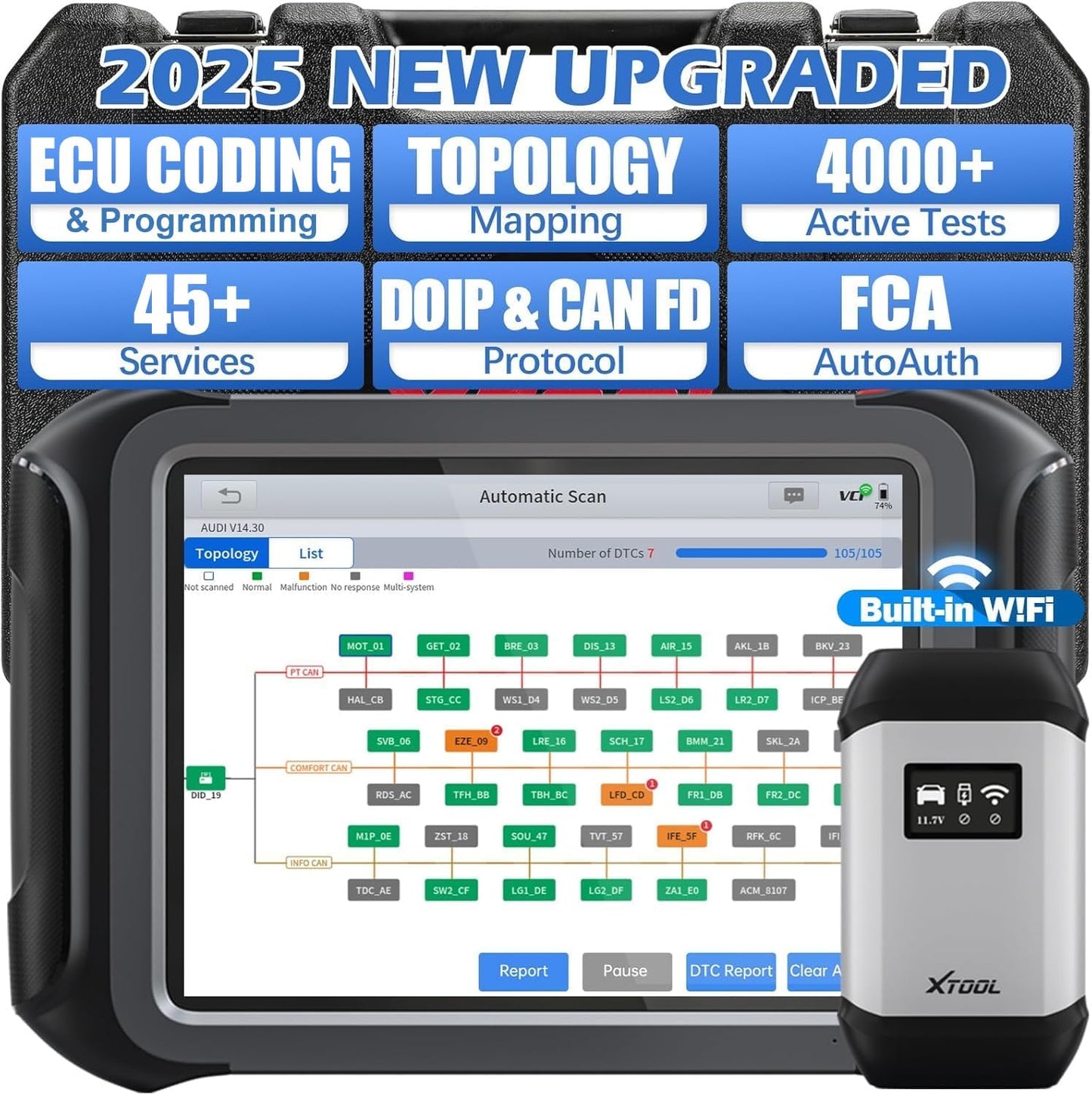 XTOOL D9S Automotive Diagnostic Tool, Wireless OBD2 Scanner with ECU Coding, Topology, Bidirectional Scan Tool 2.0 with FCA, 45+ Resets, Full System, PMI, CAN FD/DoIP, 3-Yr Update