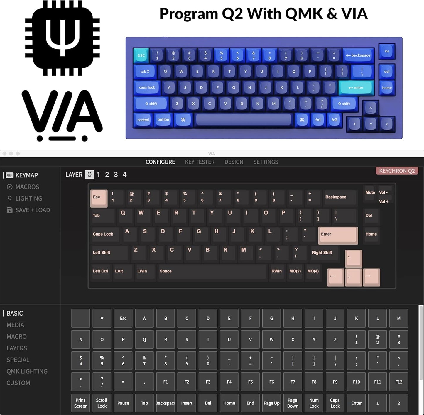 Keychron Q2 Wired Custom Mechanical Keyboard, QMK/VIA Programmable Macro, Full Aluminum, Hot-Swappable Gateron G Pro Blue Switch, 65% Layout Double Gasket Compatible with Mac and Windows - Blue