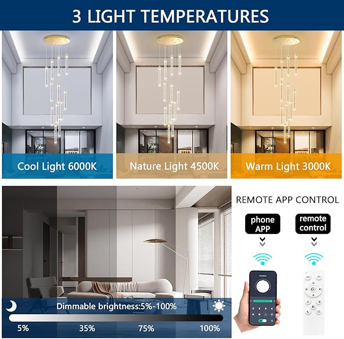 12-Lights Chandelier LED Dimmable Chandeliers for Entryway Flush Mount Ceiling Pendant Light Fixture Crystal Chandeliers for Living Room Gold Finished Lighting Modern High Ceiling Chandelier