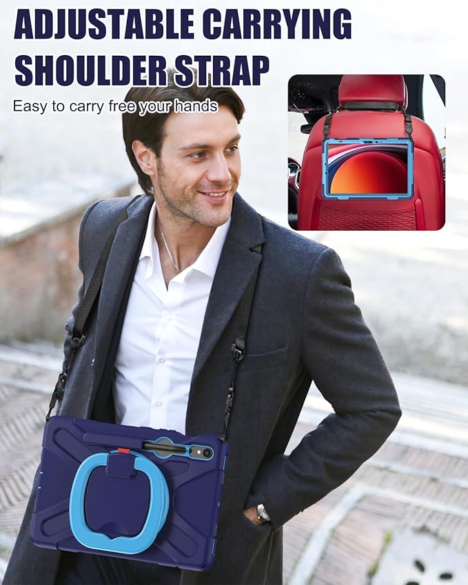 BRAECN Kids Case for Samsung Galaxy Tab S10 Lite/S10 FE 2025 & S9 FE/S9 2023 10.9"/11" | Heavy Duty Shockproof Silicone Cover with Rotating Handle, Shoulder Strap, Kickstand & S Pen Holder, Navy Blue