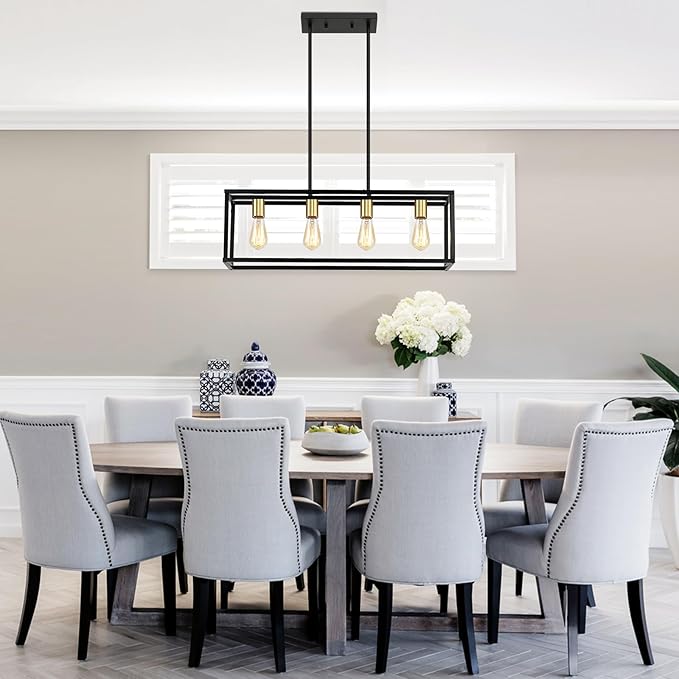 4-Light Dining Room Light Fixture,Black Farmhouse Kitchen Island Lighting,Rustic Pendant Light Over Table with Adjustable Rods,Modern Linear Chandeliers for Dining Room Kitchen Island