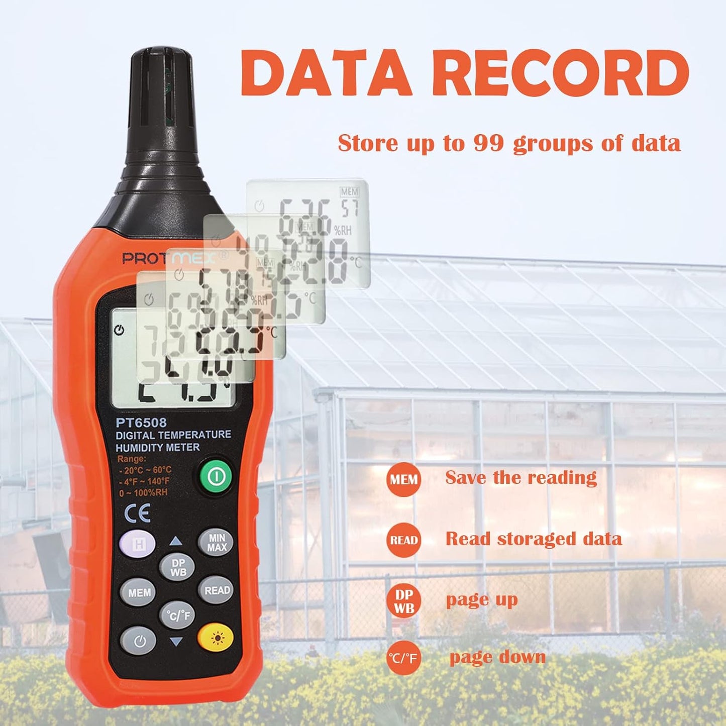 Protmex Digital Temperature Humidity Meter, Thermometer Hygrometer with Ambient Dew Point and Wet Bulb Temperature Indoor and Outdoor, Data Logger with Min/Max Hold, LCD Backlight, PT6508