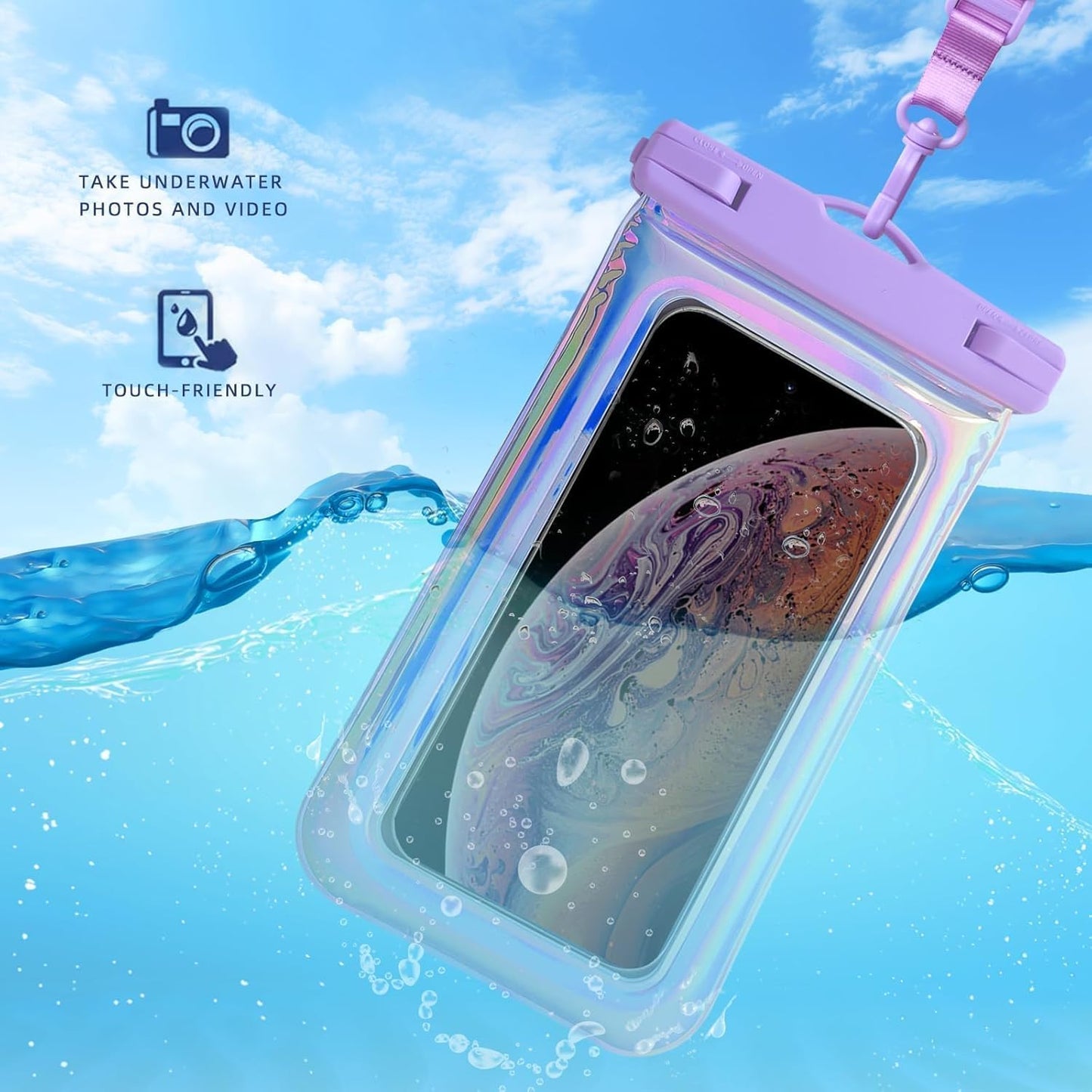 Floatable Waterproof Phone Pouch for iPhone 16 Pro Max/15/14/13/12, IP68 Travel Cellphone Dry Bag Beach Cruise Ship Essentials Bags with Crossbody Lanyard, Iridescent Purple and Pink-7″2 Pax