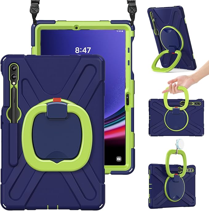 BRAECN Case for Samsung Galaxy Tab S9 FE+ Plus/ S9+/S8+/S7 FE/S7+ 12.4 Inch 2023, Heavy Duty Rugged Silicone Cover w/S Pen Holder, Handle Grip, Stable Kickstand, Shoulder Strap, Navy Green