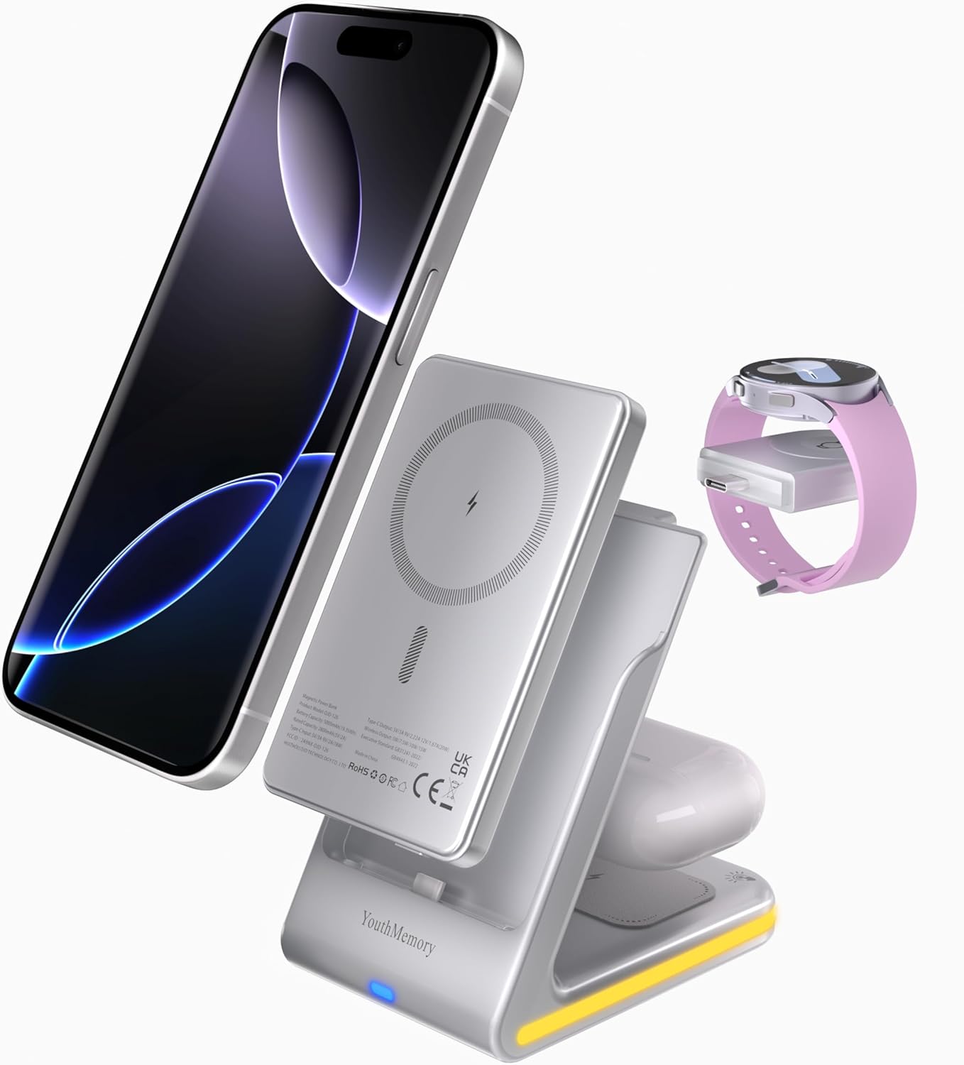 Wireless Charger 5 in 1 Magnetic Charging Station Stand with Portable Power Bank for Apple/Samsung Multiple Devices for Apple Watch 10-2,iPhone 16 15-12 Pro Max/Samsung Galaxy S25 Ultra S24-S8