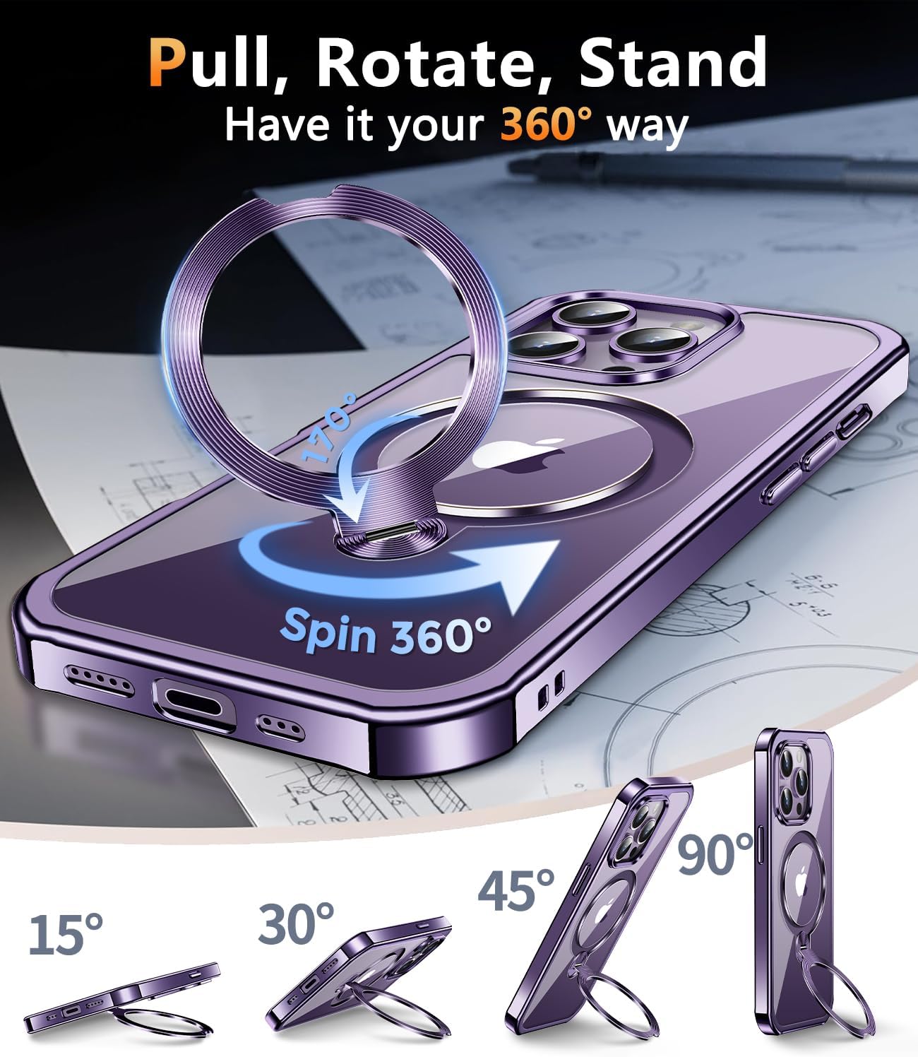 [360° Rotatable CD Stand & Built-in Privacy Screen] Magnetic Case for iPhone 14 Pro Max[Compatible with MagSafe&Full Signal]Mil-Grade Shockproof Full body Anti-Spy Cover for 14 Pro Max-Purple