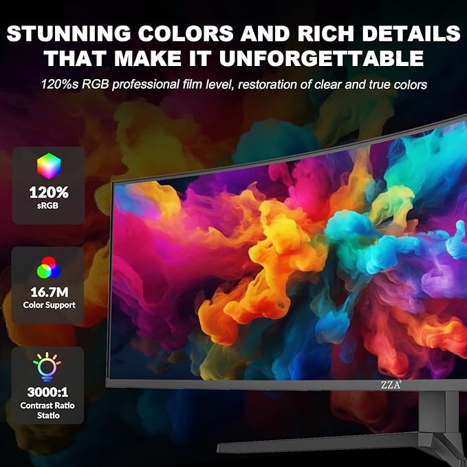 ZZA 49" Curved Gaming Monitor | 5120x1440 Dual QHD, 165Hz/144Hz, 1500R, 32:9 Ultra-Wide, AMD FreeSync, 120% sRGB, Height Adjustable, HDMI 2.1 & DisplayPort 1.4, VESA Mount, Black