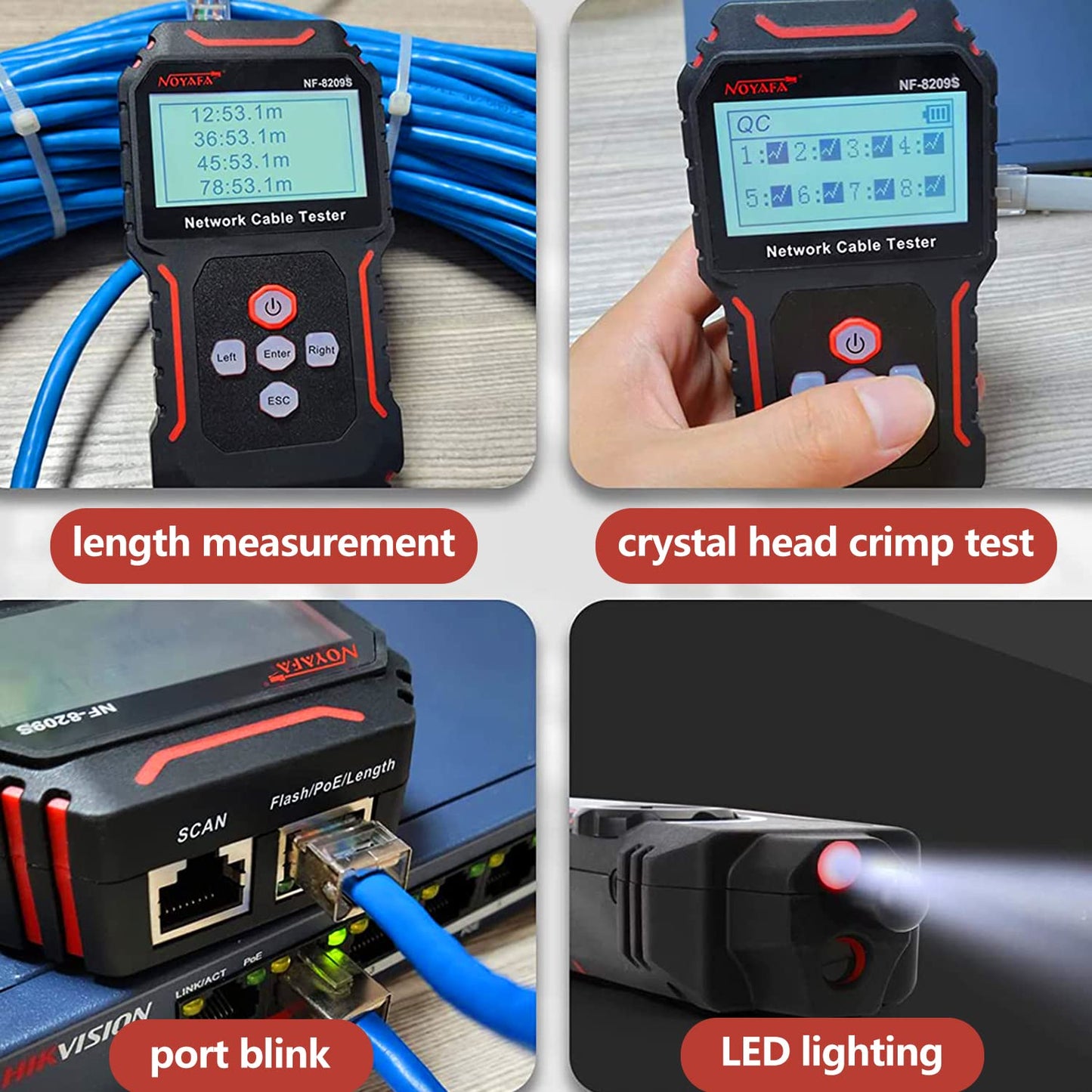 NOYAFA NF-8209S Network Cable Tester for CAT5, CAT6, LAN/Ethernet with PoE and NCV, LCD Anti-Interference scan Mode Wire Tracer Lithium Battery Charge