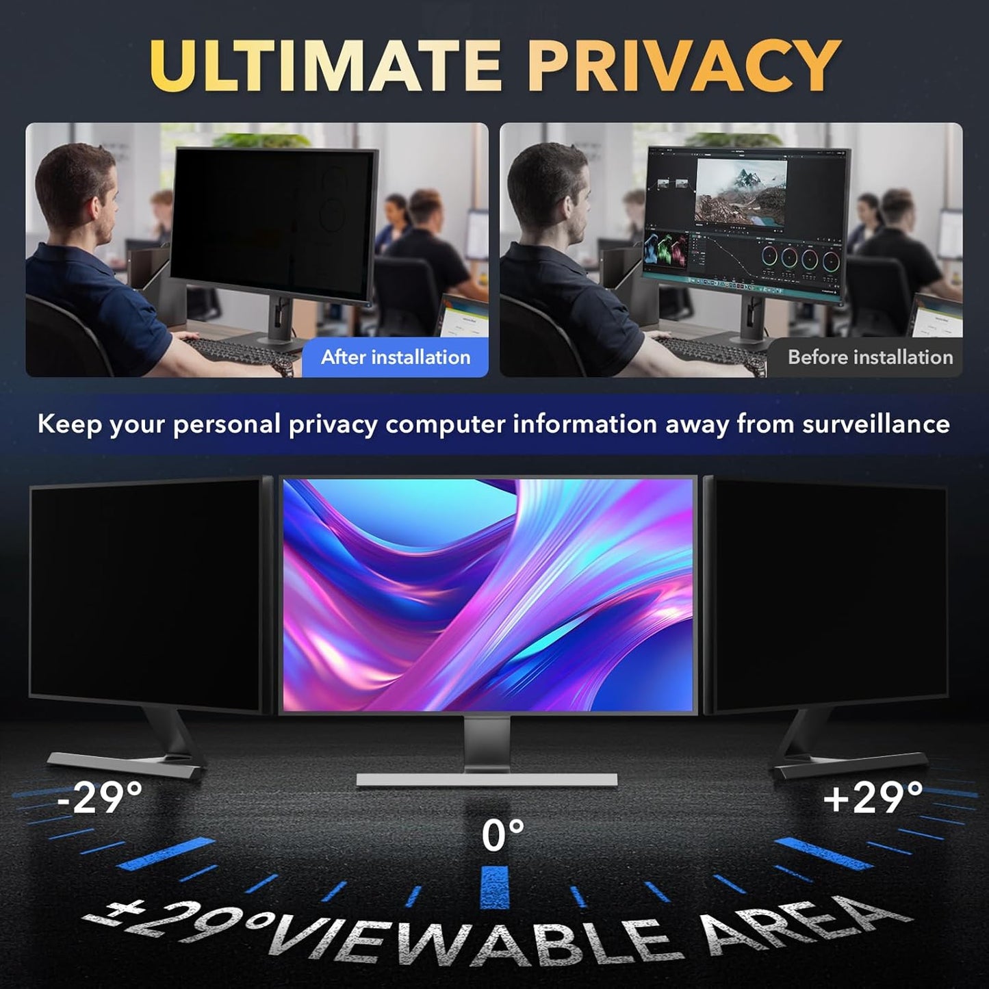Magnetic 2 Pack Invisible Hidden Design Computer Privacy Screen Filter 24 Inch for Frameless Monitor 16:9 Aspect Ratio, Removable Anti Glare Blue Light Protector, Double Sided Reversible Eye Care Film