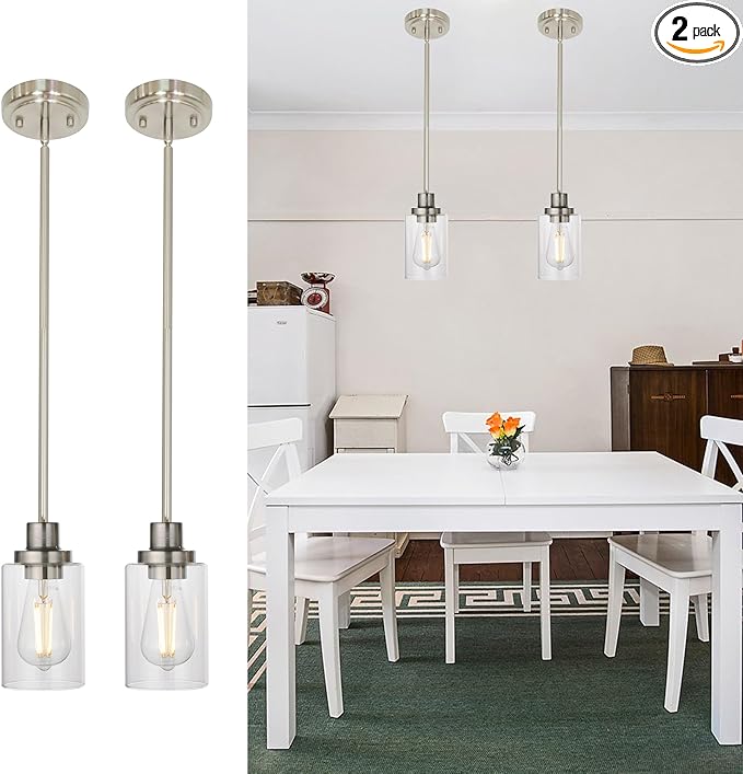 MELUCEE 2-Pack Pendant Light Brushed Nickel Adjustable Hanging Light Fixtures Ceiling with Clear Glass Shade, Set of Two Mini Pendant Lighting for Kitchen Island Hallway Porch Corridor