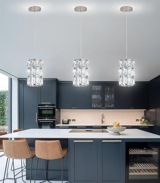 3 Pack Modern Crystal Pendant Lights for Kitchen Island LED Dimmable Glam Pendant Lighting Chandelier for Dining Room Hallway Corner Lamp Nickel