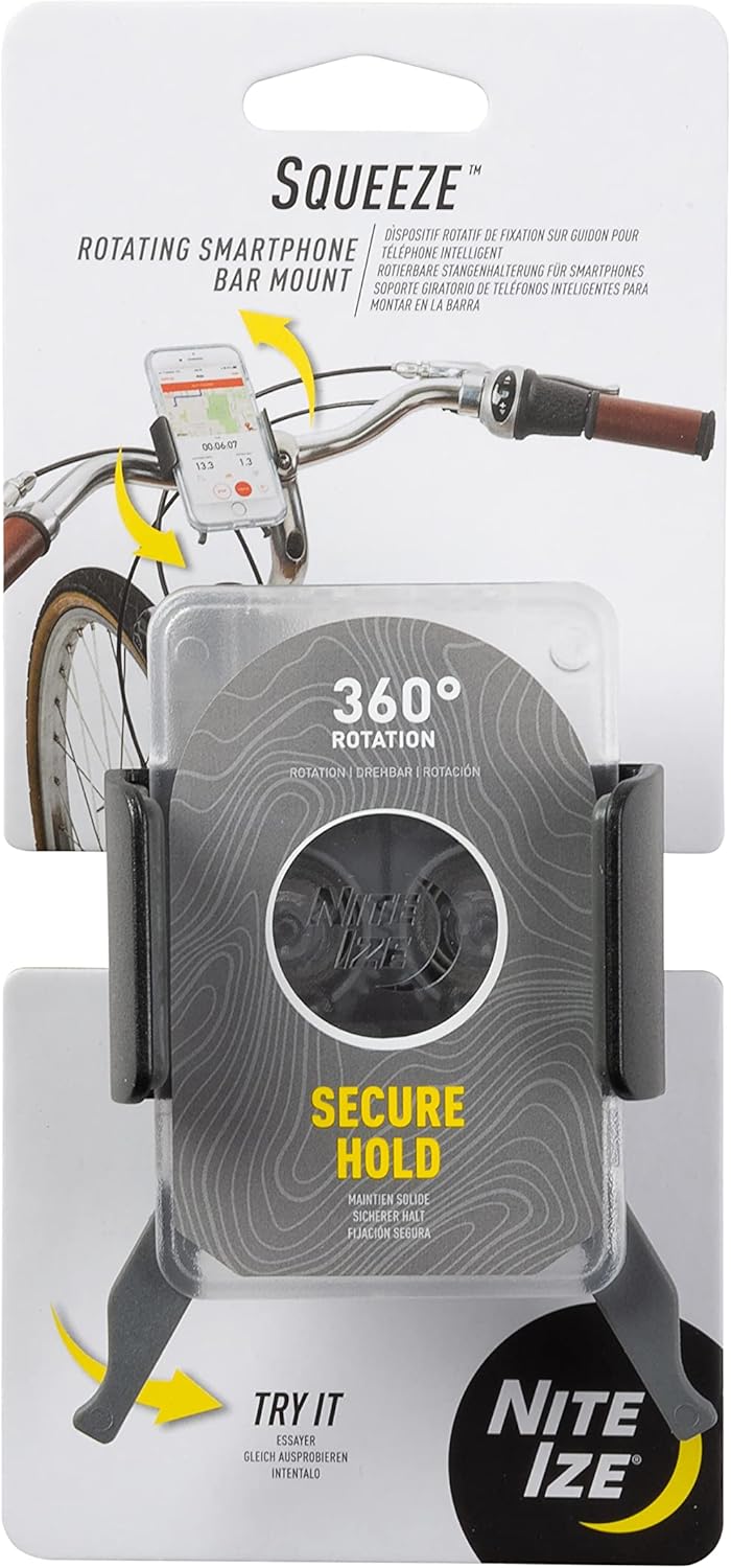 Nite Ize Squeeze Rotating Smartphone Bar Mount - Bike Mount Phone Holder for Handlebars - Phone Holster Accessories - Rotating Phone Holder with Easy-to-Squeeze Levers - Translucent