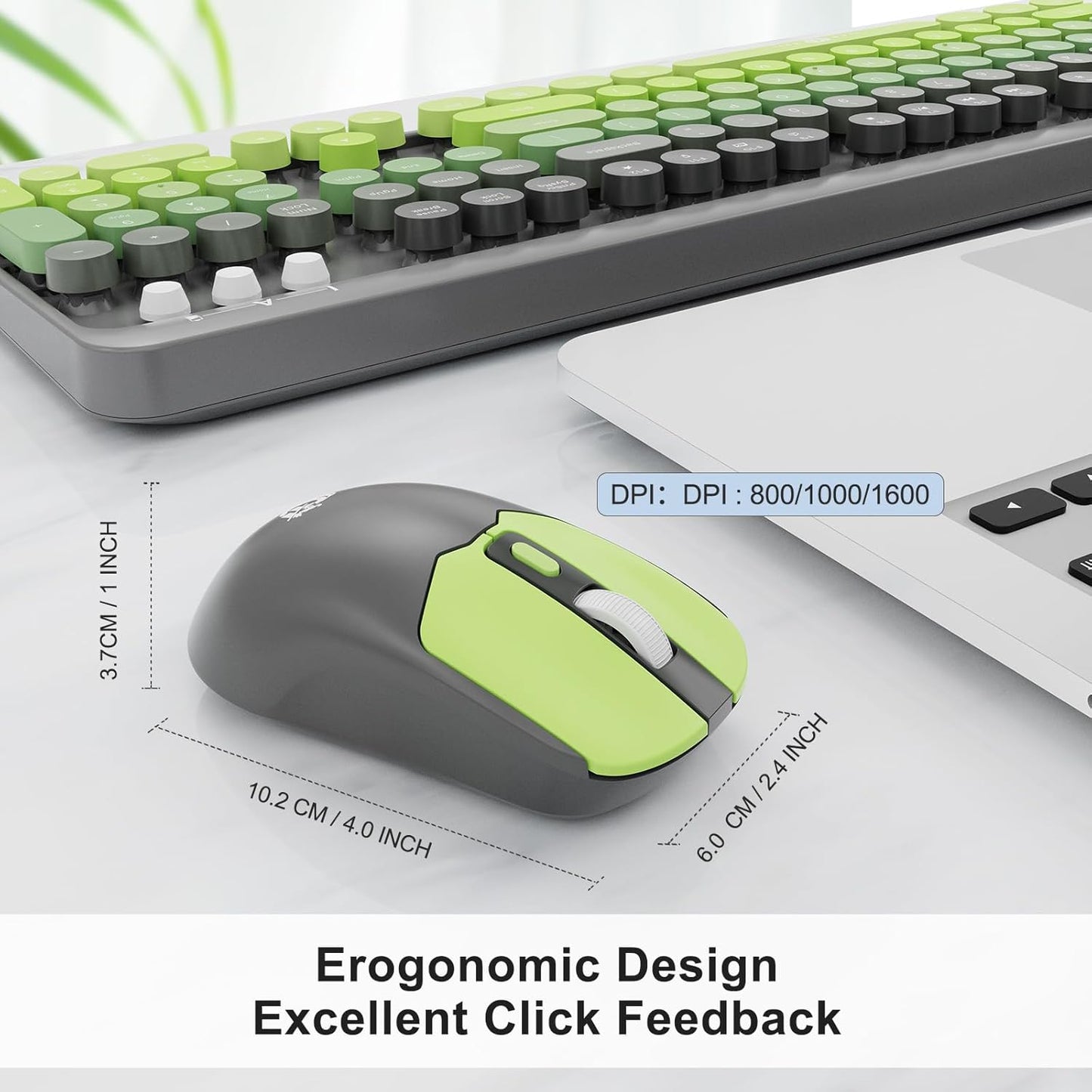 Wireless Keyboard and Mouse Combo, 104 Round Keys Cute Colorful Keyboard and Mouse with Retro Typewriter for PC/Mac/Laptop/Tablet/Computer/Windows Gray Green