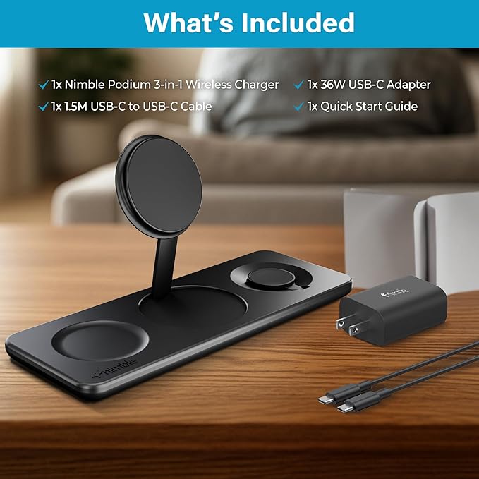 Nimble Podium 3-in-1 Wireless Charging Station for Apple, Qi2-Certified 15W Magsafe Charger Stand, Wireless Charger for iPhone 17 16 15 14 13 - Apple Watch - Airpods Series (Charger & USB-C Included)