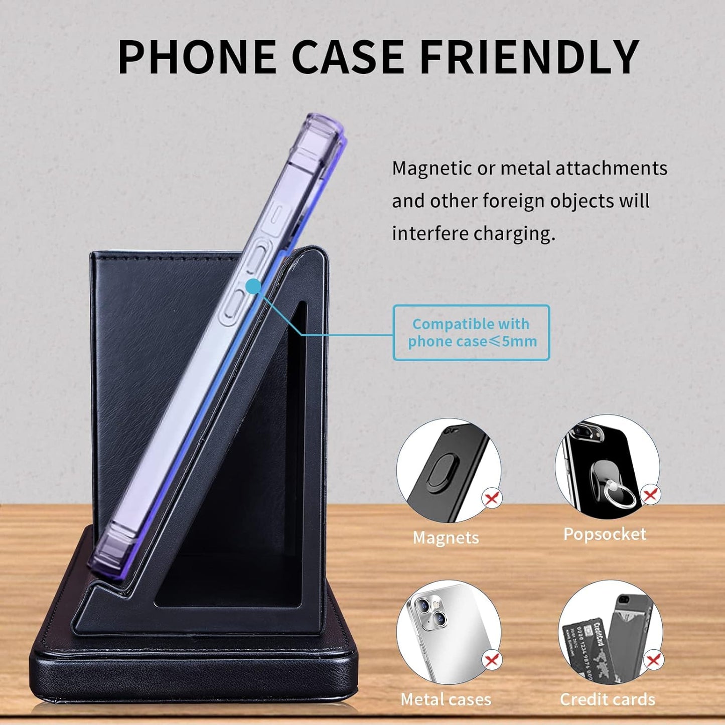 Wireless Charger with Desk Organizer, Wireless Charging Station for iPhone 13/13 Pro Max/13 Pro/12 Series/11/XS Max/XR/X/8Plus/SE 2, Wireless Charging Stand with Leather… (Black)