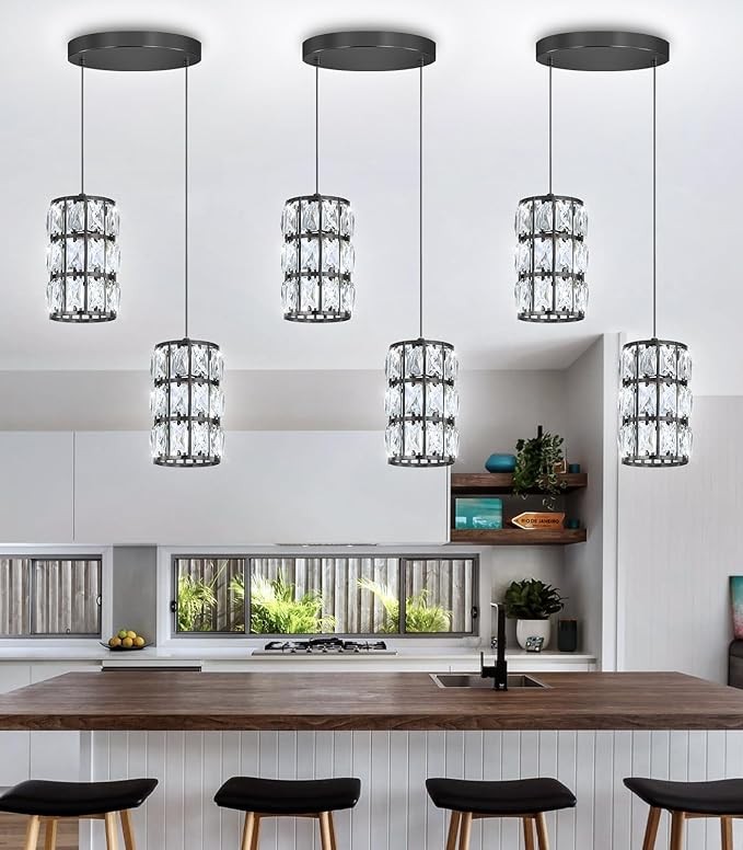 2-Lights Modern Crystal Pendant Lights for Kitchen Island LED Dimmable Glam Pendant Lighting Chandelier for Dining Room Hallway Corner Lamp Black