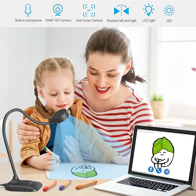 Document Camera for Teachers, Doc Camera, USB Visualizer with LED Light, Auto Focus, Image Invert, Fold, For Mac OS, Windows, Chromebook