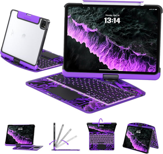 Transparent Case with Keyboard for 2024 iPad Pro 11-inch (M4),with 7-Color Backlit Wireless Keyboard, 360°Rotatable Protective Case Multi-Touch Trackpad,with Pencil Holder,with Shortcuts,Purple